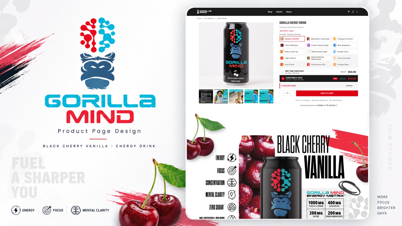 Gorilla Mind product page design: the logo and wordmark beside a mockup of the Black Cherry Vanilla energy drink page with flavor picker, subscribe-and-save pricing, add to cart, and an ingredient breakdown